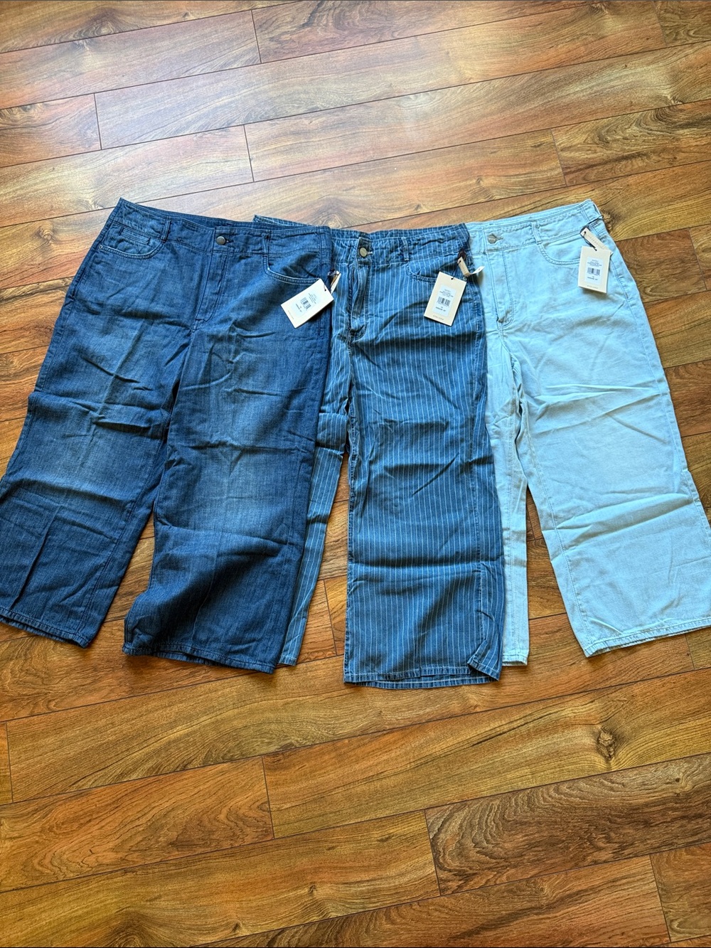 NYDJ Women's Cropped Jeans Trio — Dark Blue, Pinstripe Mid Blue & Light Blue